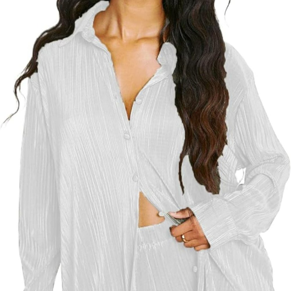 Women Y2K 2 Piece Pants Set Oversized Floral Printed Button Down Shirt High Wais